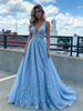 Blue V-neck Lace Prom Dress