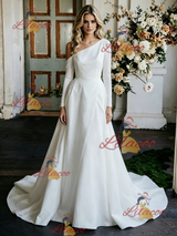 White One Shoulder Long Sleeve Wedding Dress