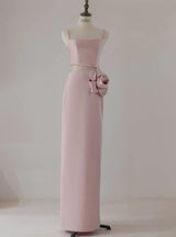 Pink Satin Spaghetti Straps Flower Prom Dress