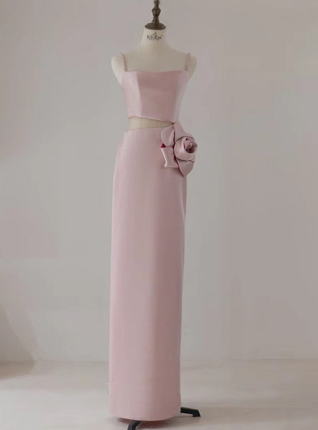 Pink Satin Spaghetti Straps Flower Prom Dress