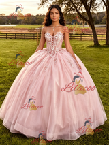 Pink Tulle Straplss Appliques Quinceanera Dress