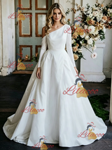 White One Shoulder Long Sleeve Wedding Dress