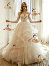Ivory Tulle Long Sleeve Pleats Wedding Dress