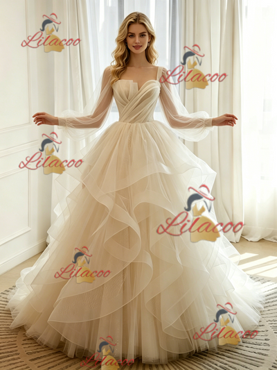 Ivory Tulle Long Sleeve Pleats Wedding Dress