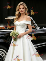 White Satin Off the Shoulder Wedding Dress