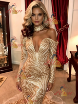 Gold Mermaid Sequins Long Sleeve Prom Dress