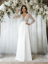 White Long Sleeve V-neck Sequins Wedding Dress