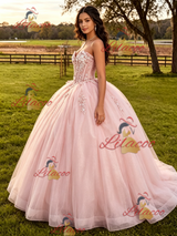 Pink Tulle Straplss Appliques Quinceanera Dress