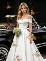 White Satin Off the Shoulder Wedding Dress