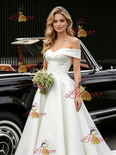 White Satin Off the Shoulder Wedding Dress