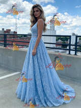 Blue V-neck Lace Prom Dress