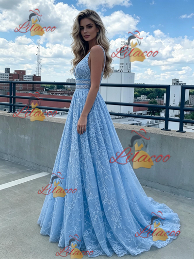 Blue V-neck Lace Prom Dress