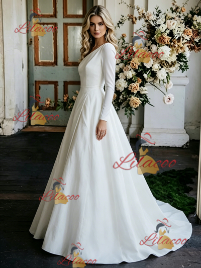 White One Shoulder Long Sleeve Wedding Dress
