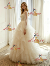 Ivory Tulle Long Sleeve Pleats Wedding Dress