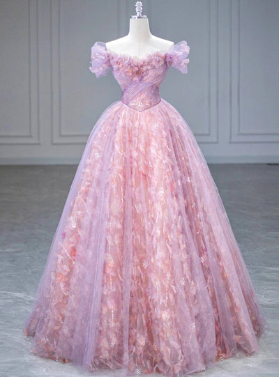 Pink Purple Tulle Off the Shoulder Prom Dress
