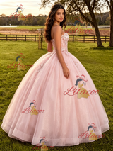 Pink Tulle Straplss Appliques Quinceanera Dress