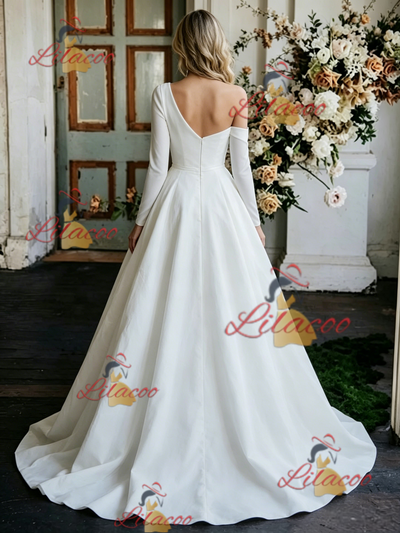 White One Shoulder Long Sleeve Wedding Dress