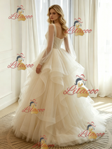 Ivory Tulle Long Sleeve Pleats Wedding Dress