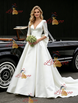 White Satin V-neck Short Sleeve Wedding Dress