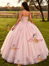 Pink Tulle Straplss Appliques Quinceanera Dress