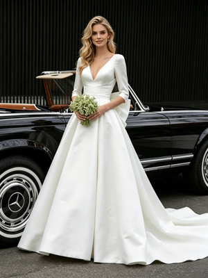 White Satin V-neck Short Sleeve Wedding Dress