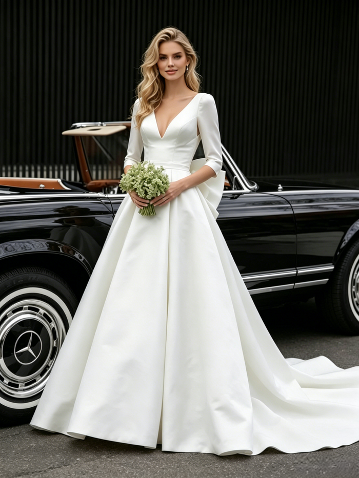 White Satin V-neck Short Sleeve Wedding Dress