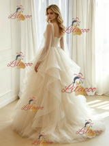 Ivory Tulle Long Sleeve Pleats Wedding Dress