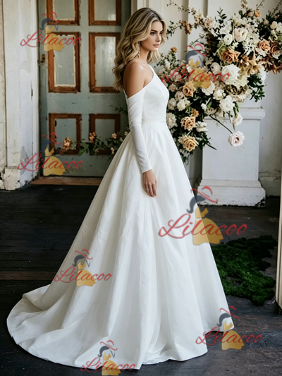 White One Shoulder Long Sleeve Wedding Dress