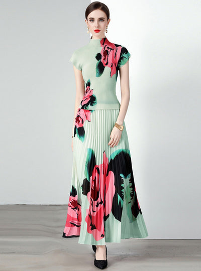 Pleated Slim Printed T-shirt Skirt Two-piece Dress