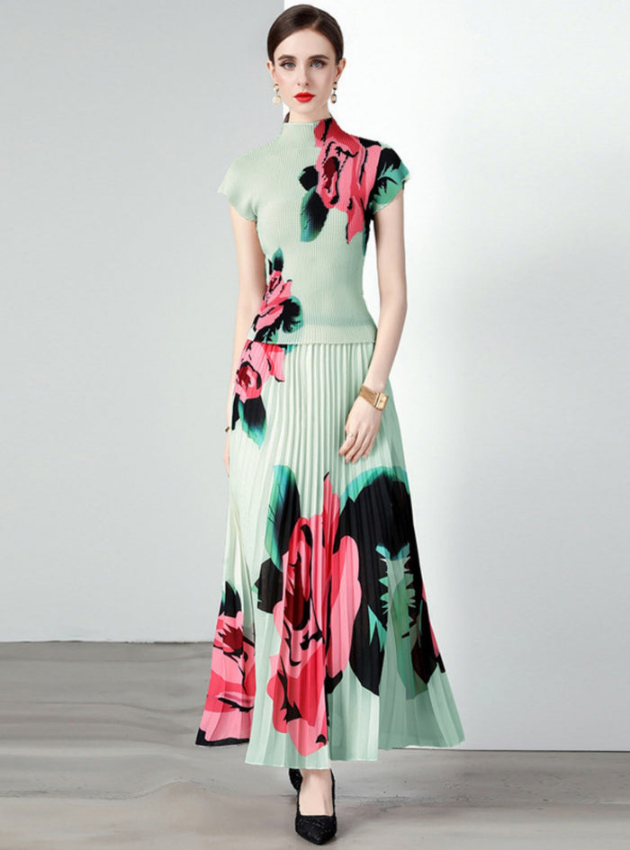 Pleated Slim Printed T-shirt Skirt Two-piece Dress