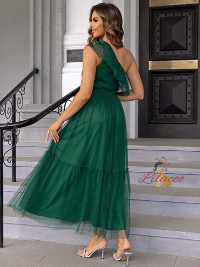 One Shoulder Flounce Mesh Dress
