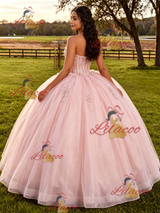 Pink Tulle Straplss Appliques Quinceanera Dress