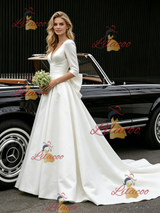 White Satin V-neck Short Sleeve Wedding Dress