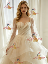 Ivory Tulle Long Sleeve Pleats Wedding Dress
