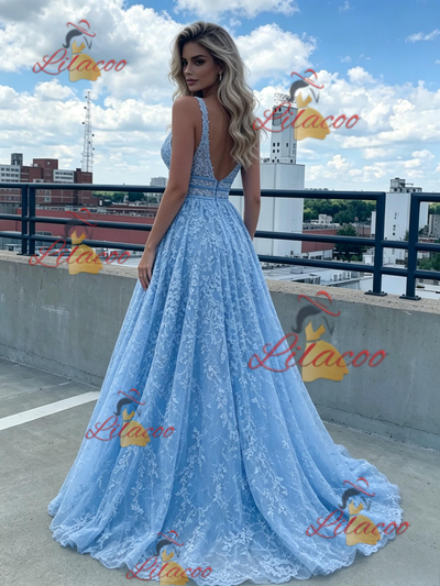 Blue V-neck Lace Prom Dress