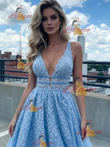 Blue V-neck Lace Prom Dress
