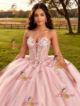 Pink Tulle Straplss Appliques Quinceanera Dress