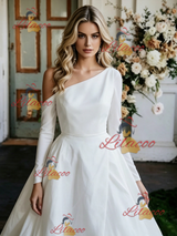 White One Shoulder Long Sleeve Wedding Dress