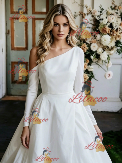 White One Shoulder Long Sleeve Wedding Dress
