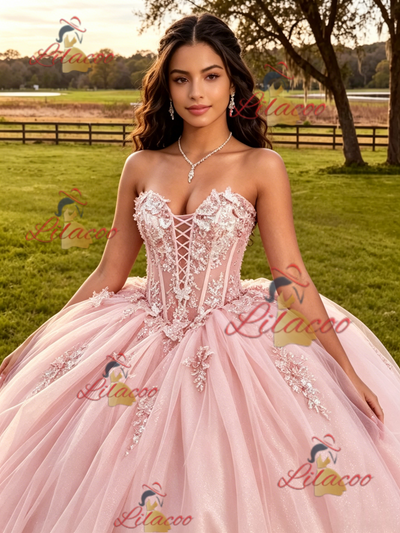 Pink Tulle Strapless Appliques Quinceanera Dress