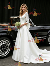 White Satin V-neck Short Sleeve Wedding Dress