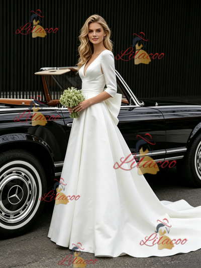 White Satin V-neck Short Sleeve Wedding Dress