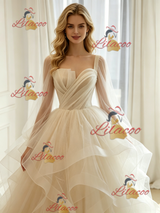 Ivory Tulle Long Sleeve Pleats Wedding Dress