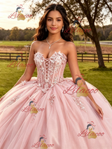 Pink Tulle Straplss Appliques Quinceanera Dress