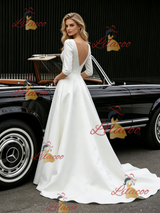 White Satin V-neck Short Sleeve Wedding Dress