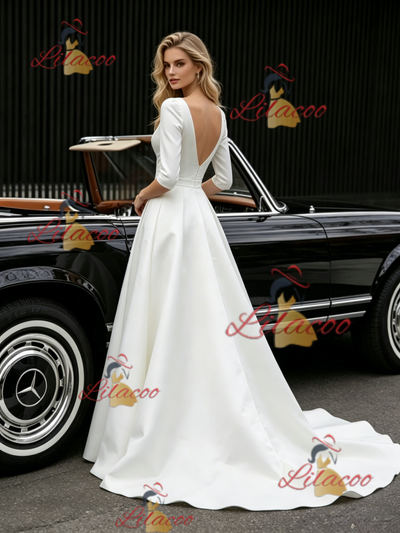 White Satin V-neck Short Sleeve Wedding Dress