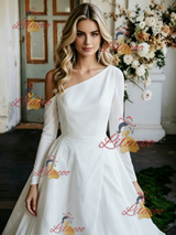 White One Shoulder Long Sleeve Wedding Dress
