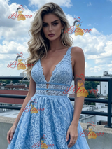 Blue V-neck Lace Prom Dress