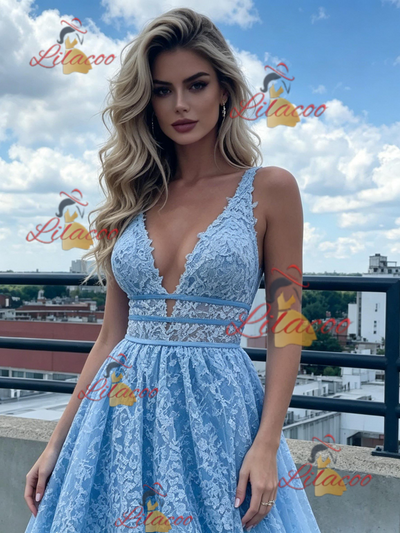 Blue V-neck Lace Prom Dress