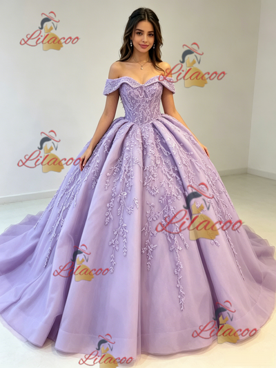 Purple Ball Gown Off the Shoulder Appliques Quinceanera Dress